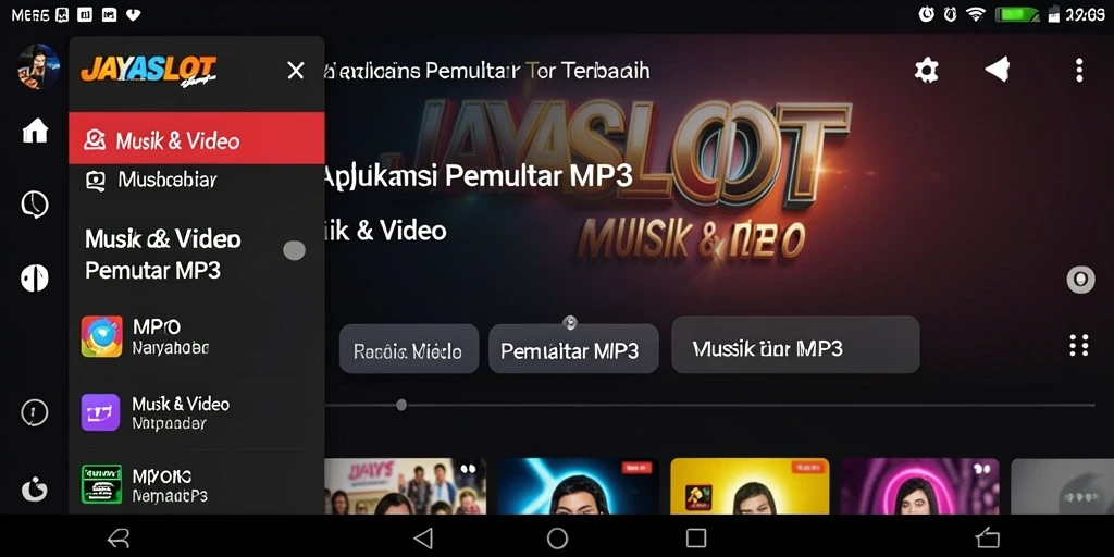 Antarmuka aplikasi JAYASLOT dengan fitur Pemutar MP3 yang menarik.