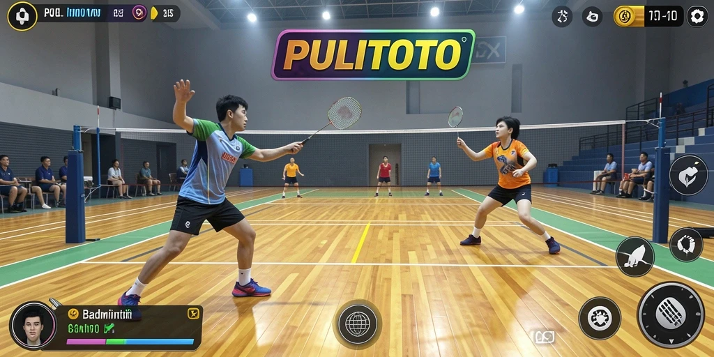 Antarmuka permainan PULITOTO dengan karakter Badminton yang menarik.